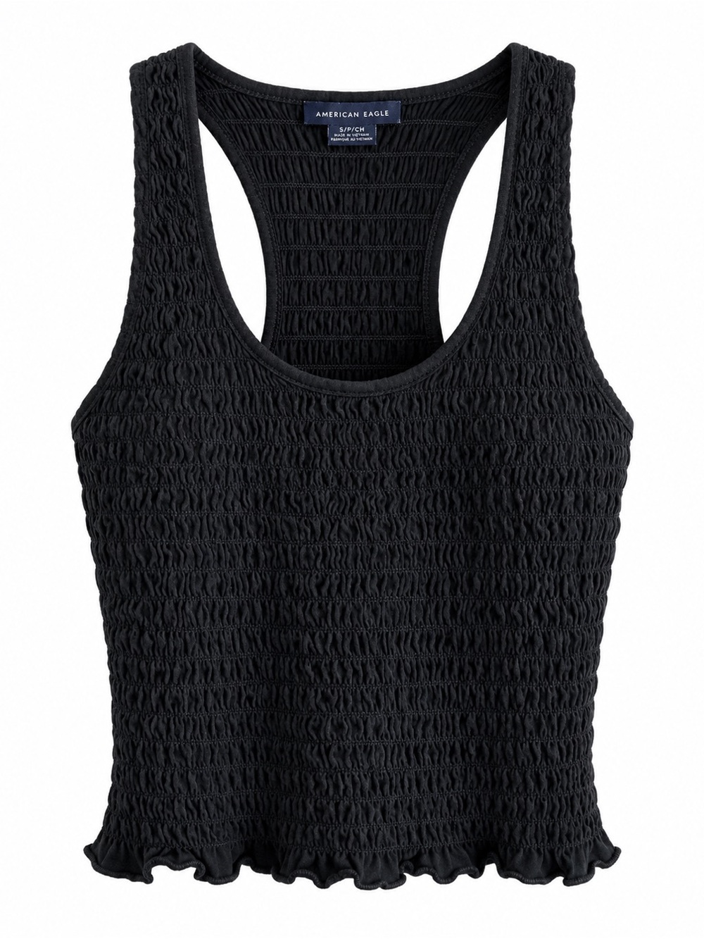 American Eagle Black Smocked Ruffle Hem Racerback Tank Top Size S